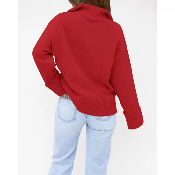 imageZESICA Womens 2024 Winter Long Sleeve 14 Zipper V Neck Loose Fuzzy Knitted Chunky Warm Pullover Sweater Jumper TopsRed