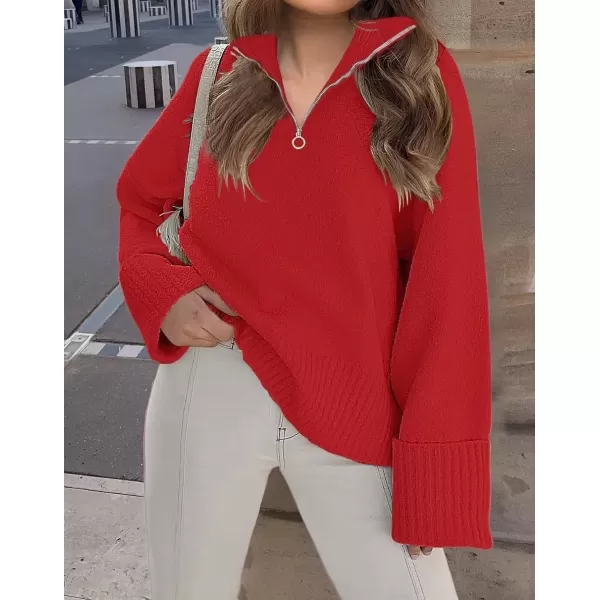 imageZESICA Womens 2024 Winter Long Sleeve 14 Zipper V Neck Loose Fuzzy Knitted Chunky Warm Pullover Sweater Jumper TopsRed