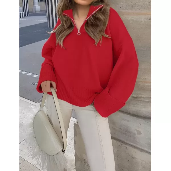 imageZESICA Womens 2024 Winter Long Sleeve 14 Zipper V Neck Loose Fuzzy Knitted Chunky Warm Pullover Sweater Jumper TopsRed