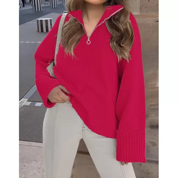 imageZESICA Womens 2024 Winter Long Sleeve 14 Zipper V Neck Loose Fuzzy Knitted Chunky Warm Pullover Sweater Jumper TopsRose