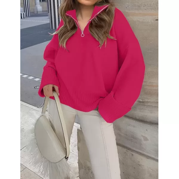 imageZESICA Womens 2024 Winter Long Sleeve 14 Zipper V Neck Loose Fuzzy Knitted Chunky Warm Pullover Sweater Jumper TopsRose