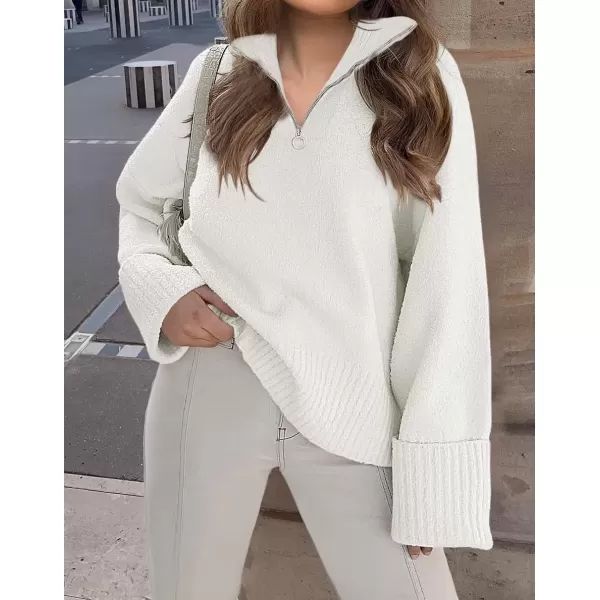 imageZESICA Womens 2024 Winter Long Sleeve 14 Zipper V Neck Loose Fuzzy Knitted Chunky Warm Pullover Sweater Jumper TopsWhite