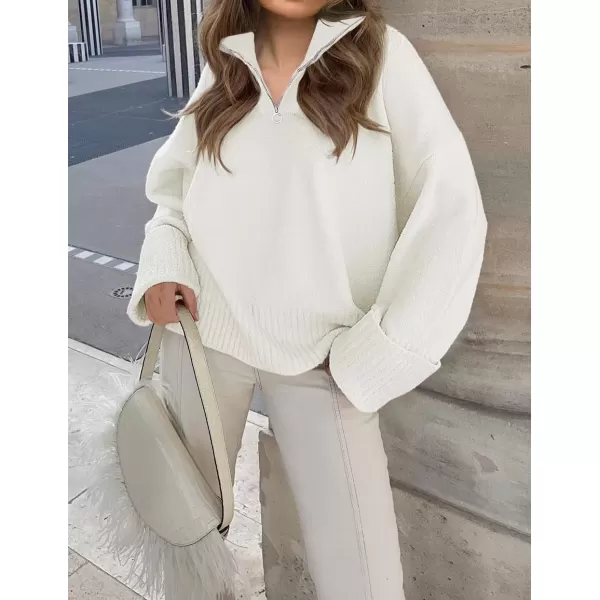 imageZESICA Womens 2024 Winter Long Sleeve 14 Zipper V Neck Loose Fuzzy Knitted Chunky Warm Pullover Sweater Jumper TopsWhite