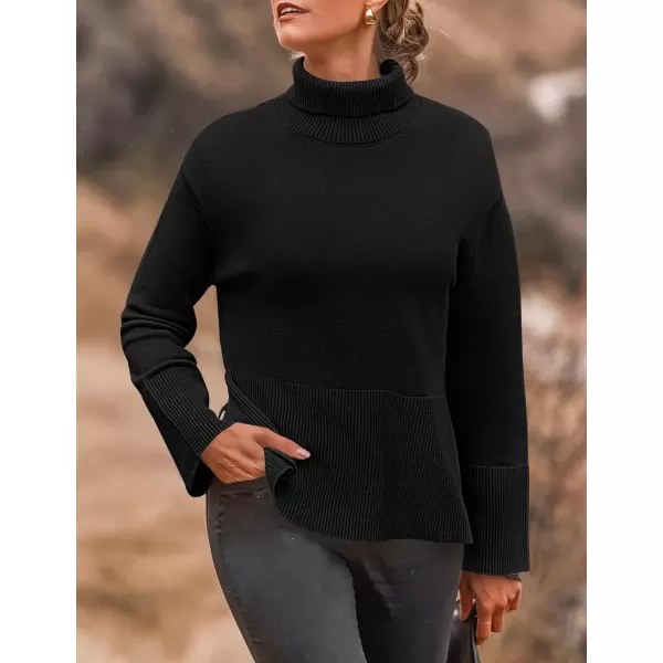 imageZESICA Womens 2024 Winter Sweaters Turtleneck Long Sleeve Oversized Split Hem Knitted Pullover Jumper Sweater TopsBlack