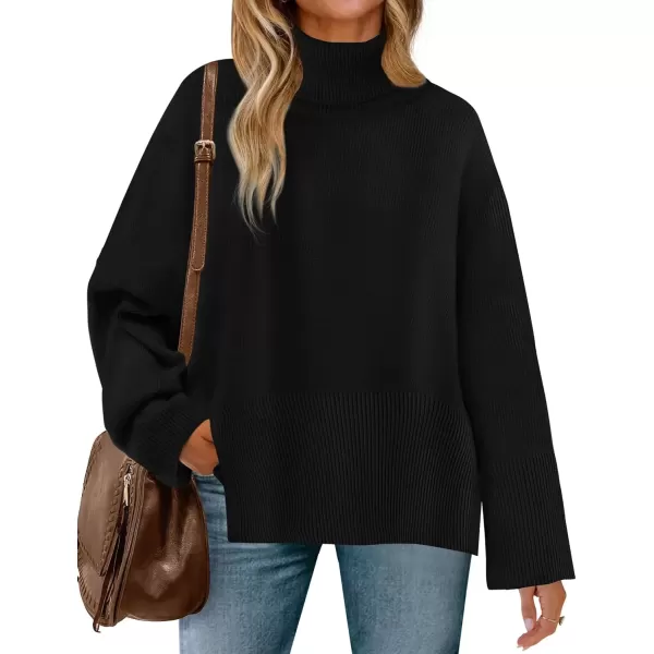 imageZESICA Womens 2024 Winter Sweaters Turtleneck Long Sleeve Oversized Split Hem Knitted Pullover Jumper Sweater TopsBlack