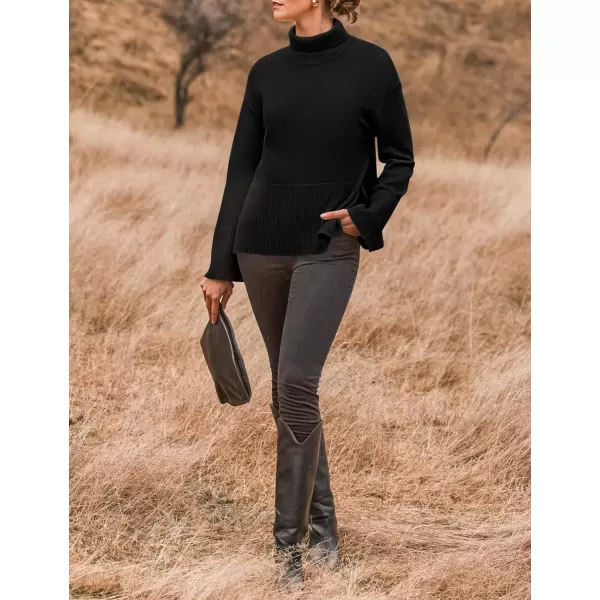 imageZESICA Womens 2024 Winter Sweaters Turtleneck Long Sleeve Oversized Split Hem Knitted Pullover Jumper Sweater TopsBlack