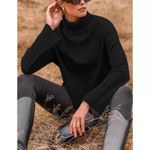 imageZESICA Womens 2024 Winter Sweaters Turtleneck Long Sleeve Oversized Split Hem Knitted Pullover Jumper Sweater TopsBlack