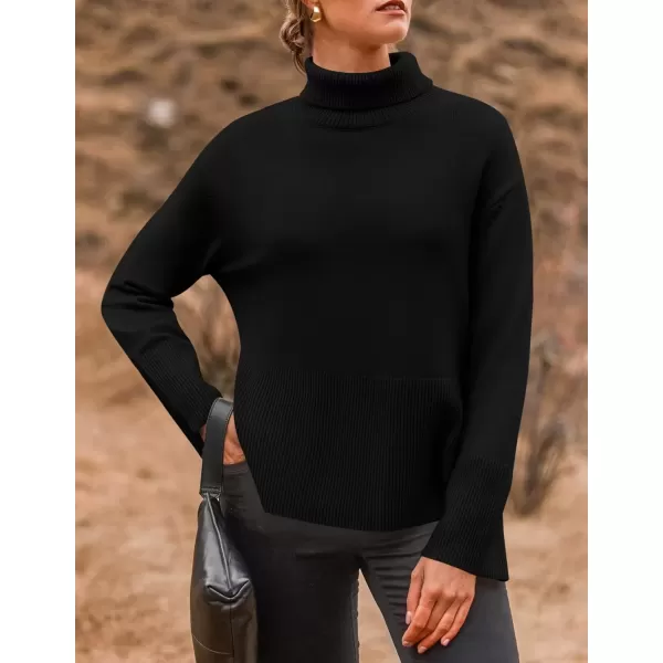 imageZESICA Womens 2024 Winter Sweaters Turtleneck Long Sleeve Oversized Split Hem Knitted Pullover Jumper Sweater TopsBlack