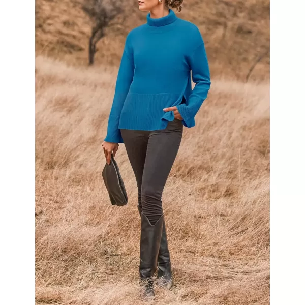imageZESICA Womens 2024 Winter Sweaters Turtleneck Long Sleeve Oversized Split Hem Knitted Pullover Jumper Sweater TopsBrightblue