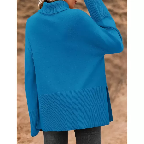 imageZESICA Womens 2024 Winter Sweaters Turtleneck Long Sleeve Oversized Split Hem Knitted Pullover Jumper Sweater TopsBrightblue