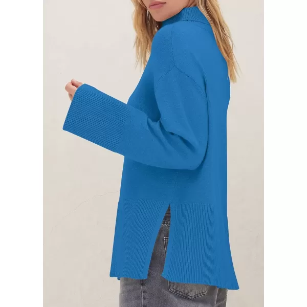 imageZESICA Womens 2024 Winter Sweaters Turtleneck Long Sleeve Oversized Split Hem Knitted Pullover Jumper Sweater TopsBrightblue