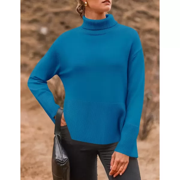 imageZESICA Womens 2024 Winter Sweaters Turtleneck Long Sleeve Oversized Split Hem Knitted Pullover Jumper Sweater TopsBrightblue