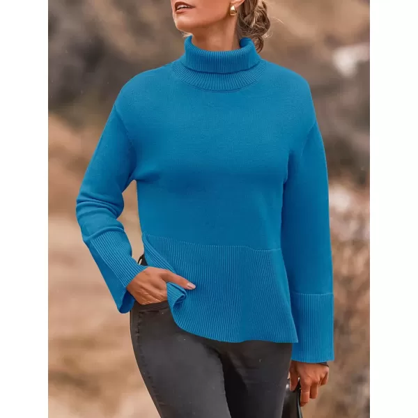 imageZESICA Womens 2024 Winter Sweaters Turtleneck Long Sleeve Oversized Split Hem Knitted Pullover Jumper Sweater TopsBrightblue