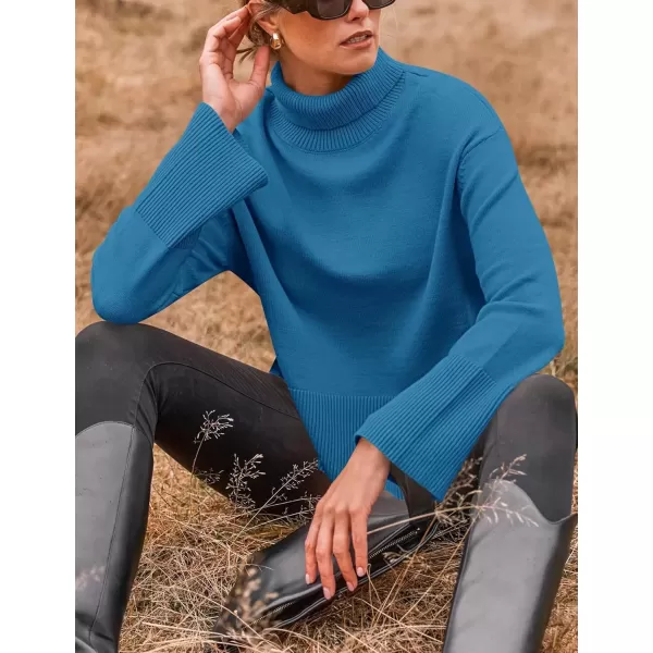 imageZESICA Womens 2024 Winter Sweaters Turtleneck Long Sleeve Oversized Split Hem Knitted Pullover Jumper Sweater TopsBrightblue