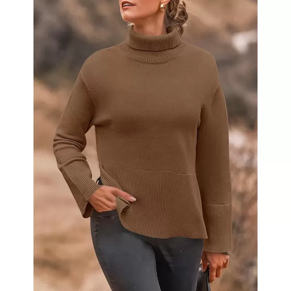 imageZESICA Womens 2024 Winter Sweaters Turtleneck Long Sleeve Oversized Split Hem Knitted Pullover Jumper Sweater TopsCoffee