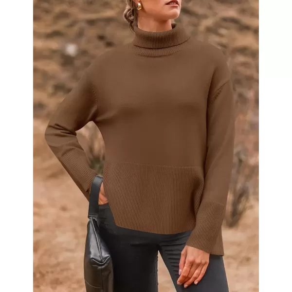 imageZESICA Womens 2024 Winter Sweaters Turtleneck Long Sleeve Oversized Split Hem Knitted Pullover Jumper Sweater TopsCoffee