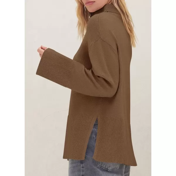 imageZESICA Womens 2024 Winter Sweaters Turtleneck Long Sleeve Oversized Split Hem Knitted Pullover Jumper Sweater TopsCoffee