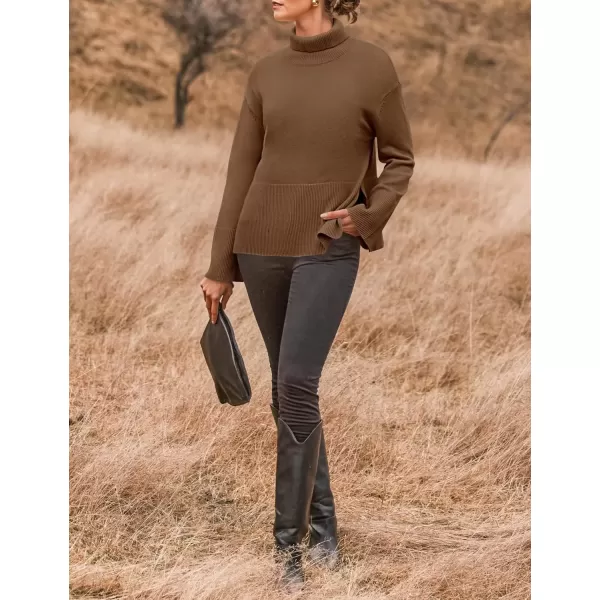 imageZESICA Womens 2024 Winter Sweaters Turtleneck Long Sleeve Oversized Split Hem Knitted Pullover Jumper Sweater TopsCoffee