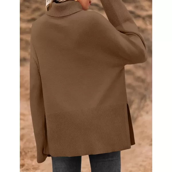 imageZESICA Womens 2024 Winter Sweaters Turtleneck Long Sleeve Oversized Split Hem Knitted Pullover Jumper Sweater TopsCoffee