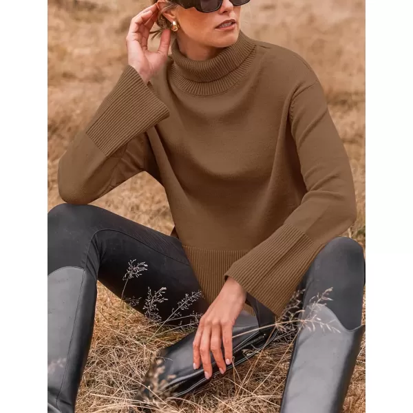 imageZESICA Womens 2024 Winter Sweaters Turtleneck Long Sleeve Oversized Split Hem Knitted Pullover Jumper Sweater TopsCoffee