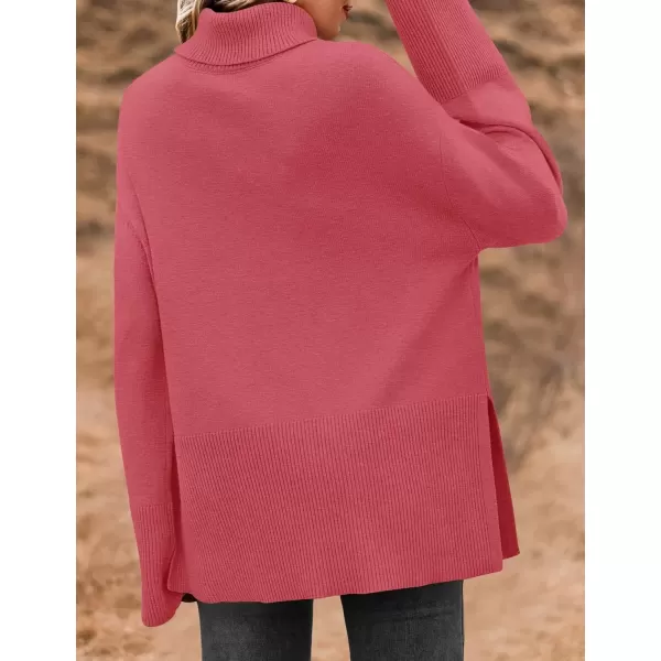 imageZESICA Womens 2024 Winter Sweaters Turtleneck Long Sleeve Oversized Split Hem Knitted Pullover Jumper Sweater TopsCoral