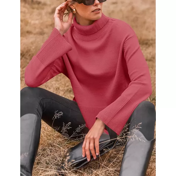imageZESICA Womens 2024 Winter Sweaters Turtleneck Long Sleeve Oversized Split Hem Knitted Pullover Jumper Sweater TopsCoral