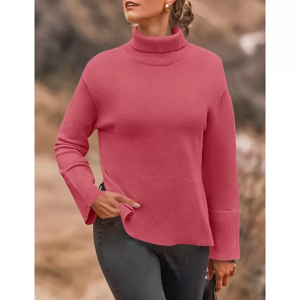 imageZESICA Womens 2024 Winter Sweaters Turtleneck Long Sleeve Oversized Split Hem Knitted Pullover Jumper Sweater TopsCoral