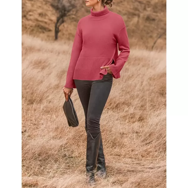 imageZESICA Womens 2024 Winter Sweaters Turtleneck Long Sleeve Oversized Split Hem Knitted Pullover Jumper Sweater TopsCoral