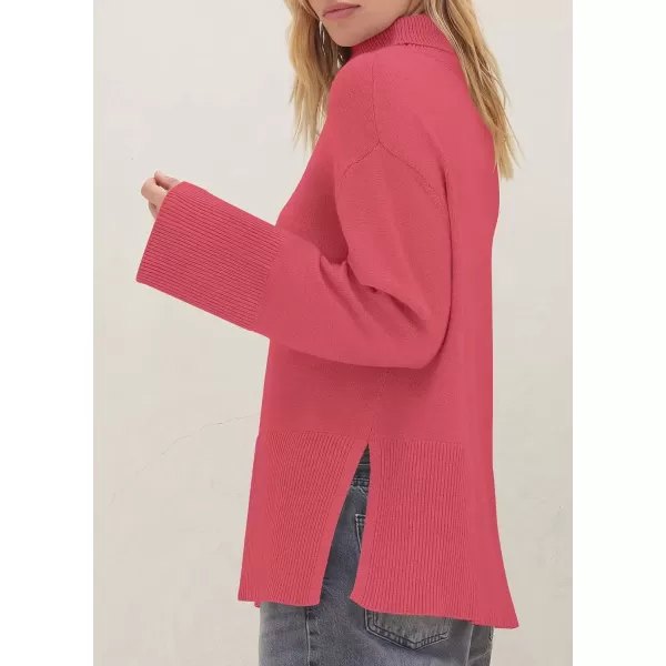 imageZESICA Womens 2024 Winter Sweaters Turtleneck Long Sleeve Oversized Split Hem Knitted Pullover Jumper Sweater TopsCoral