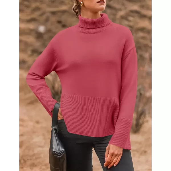 imageZESICA Womens 2024 Winter Sweaters Turtleneck Long Sleeve Oversized Split Hem Knitted Pullover Jumper Sweater TopsCoral