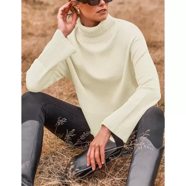 imageZESICA Womens 2024 Winter Sweaters Turtleneck Long Sleeve Oversized Split Hem Knitted Pullover Jumper Sweater TopsCream