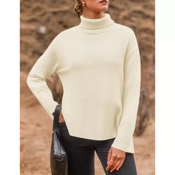 imageZESICA Womens 2024 Winter Sweaters Turtleneck Long Sleeve Oversized Split Hem Knitted Pullover Jumper Sweater TopsCream