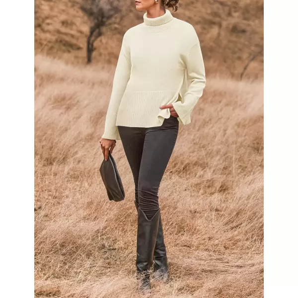 imageZESICA Womens 2024 Winter Sweaters Turtleneck Long Sleeve Oversized Split Hem Knitted Pullover Jumper Sweater TopsCream
