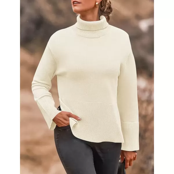 imageZESICA Womens 2024 Winter Sweaters Turtleneck Long Sleeve Oversized Split Hem Knitted Pullover Jumper Sweater TopsCream