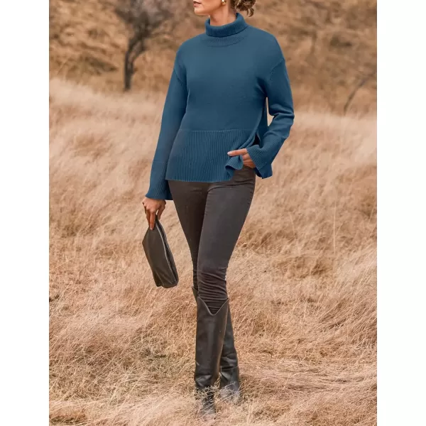 imageZESICA Womens 2024 Winter Sweaters Turtleneck Long Sleeve Oversized Split Hem Knitted Pullover Jumper Sweater TopsDarkblue