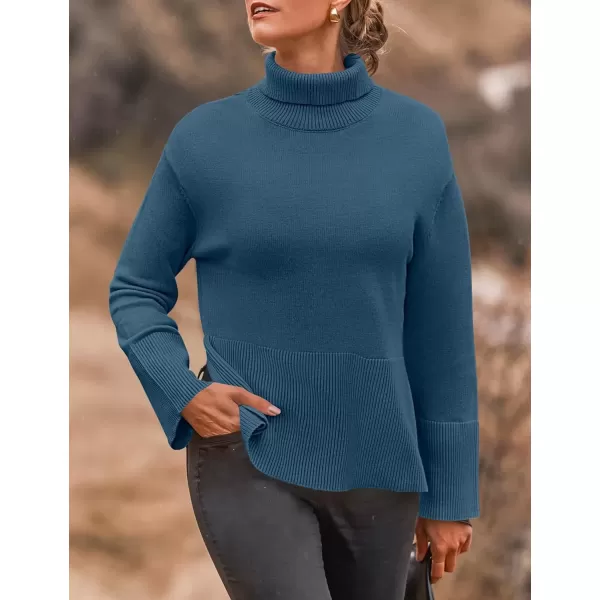 imageZESICA Womens 2024 Winter Sweaters Turtleneck Long Sleeve Oversized Split Hem Knitted Pullover Jumper Sweater TopsDarkblue