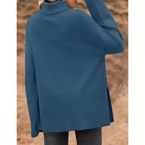imageZESICA Womens 2024 Winter Sweaters Turtleneck Long Sleeve Oversized Split Hem Knitted Pullover Jumper Sweater TopsDarkblue