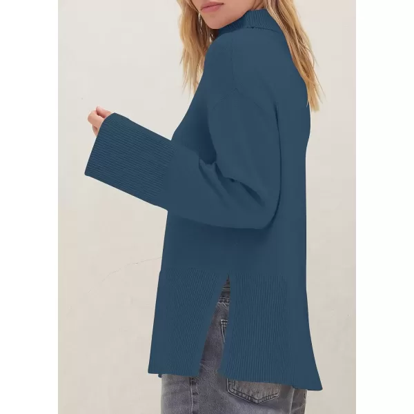 imageZESICA Womens 2024 Winter Sweaters Turtleneck Long Sleeve Oversized Split Hem Knitted Pullover Jumper Sweater TopsDarkblue