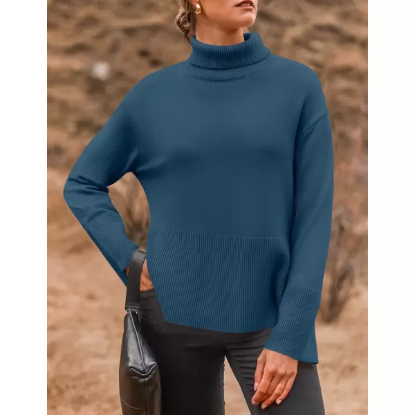imageZESICA Womens 2024 Winter Sweaters Turtleneck Long Sleeve Oversized Split Hem Knitted Pullover Jumper Sweater TopsDarkblue