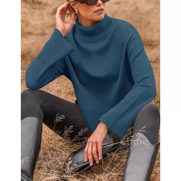 imageZESICA Womens 2024 Winter Sweaters Turtleneck Long Sleeve Oversized Split Hem Knitted Pullover Jumper Sweater TopsDarkblue