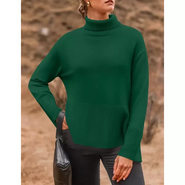 imageZESICA Womens 2024 Winter Sweaters Turtleneck Long Sleeve Oversized Split Hem Knitted Pullover Jumper Sweater TopsDarkgreen