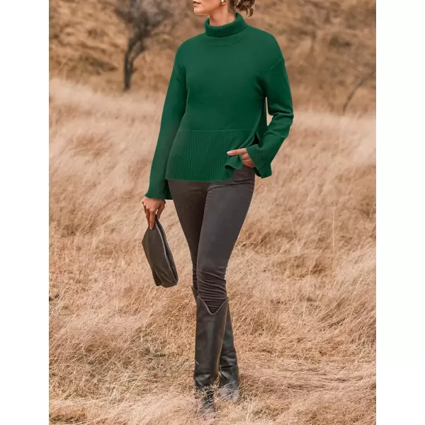 imageZESICA Womens 2024 Winter Sweaters Turtleneck Long Sleeve Oversized Split Hem Knitted Pullover Jumper Sweater TopsDarkgreen