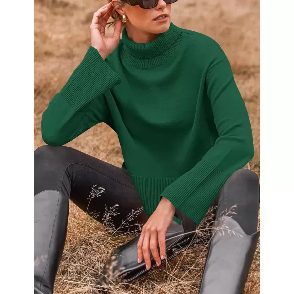 imageZESICA Womens 2024 Winter Sweaters Turtleneck Long Sleeve Oversized Split Hem Knitted Pullover Jumper Sweater TopsDarkgreen