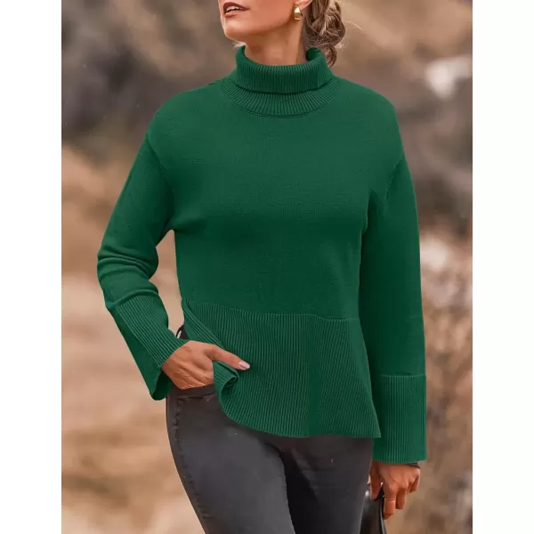 imageZESICA Womens 2024 Winter Sweaters Turtleneck Long Sleeve Oversized Split Hem Knitted Pullover Jumper Sweater TopsDarkgreen