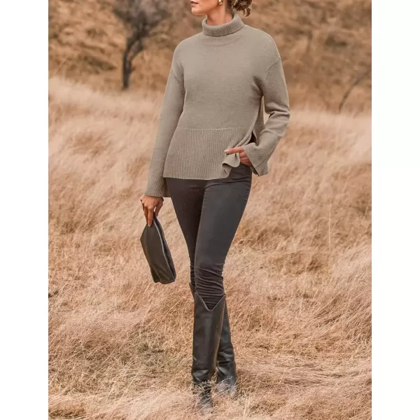 imageZESICA Womens 2024 Winter Sweaters Turtleneck Long Sleeve Oversized Split Hem Knitted Pullover Jumper Sweater TopsOatmeal