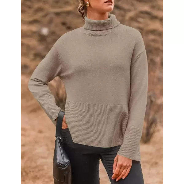 imageZESICA Womens 2024 Winter Sweaters Turtleneck Long Sleeve Oversized Split Hem Knitted Pullover Jumper Sweater TopsOatmeal