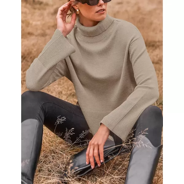 imageZESICA Womens 2024 Winter Sweaters Turtleneck Long Sleeve Oversized Split Hem Knitted Pullover Jumper Sweater TopsOatmeal