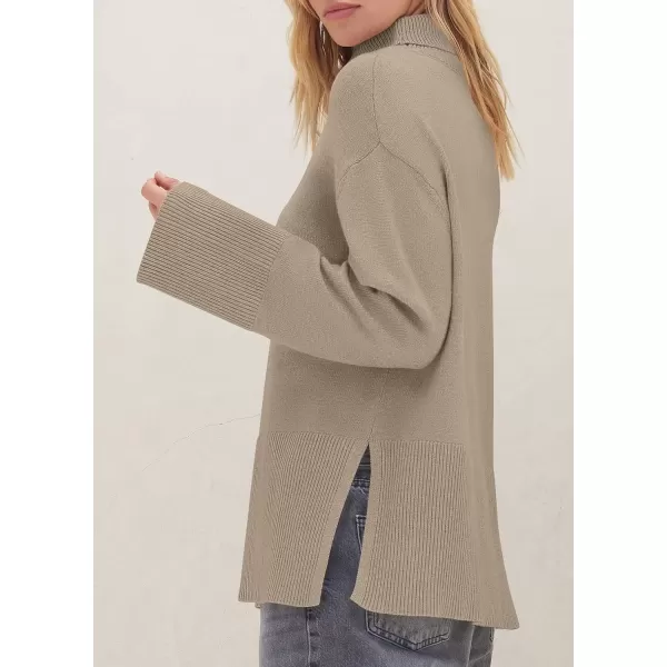 imageZESICA Womens 2024 Winter Sweaters Turtleneck Long Sleeve Oversized Split Hem Knitted Pullover Jumper Sweater TopsOatmeal