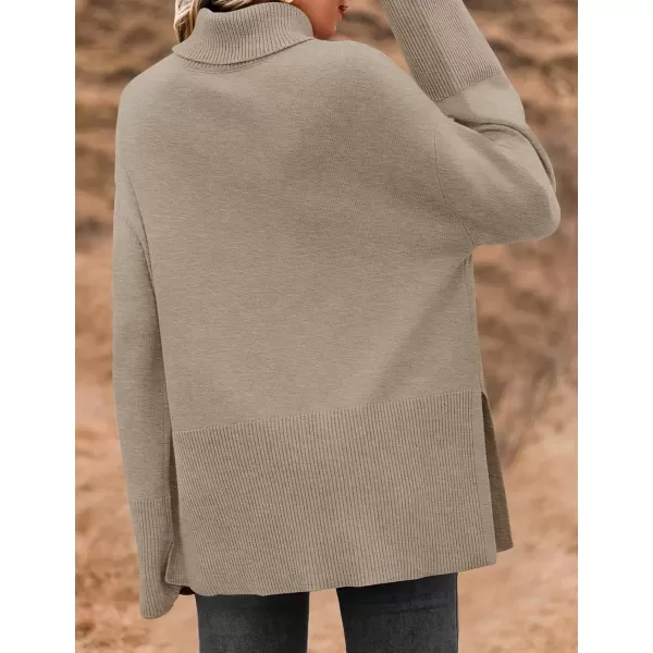 imageZESICA Womens 2024 Winter Sweaters Turtleneck Long Sleeve Oversized Split Hem Knitted Pullover Jumper Sweater TopsOatmeal