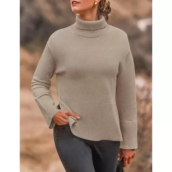 imageZESICA Womens 2024 Winter Sweaters Turtleneck Long Sleeve Oversized Split Hem Knitted Pullover Jumper Sweater TopsOatmeal